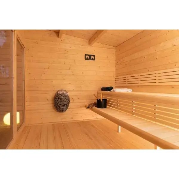 CSA-26 4-6 Person Dark-Stained Outdoor Wooden Sauna Cabin finish detail