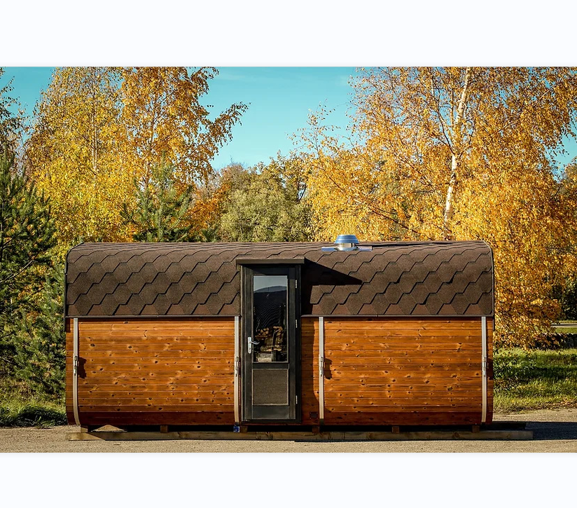 Cedar Barrel Sauna with Curved Roof and Central Glass Entry Door product image