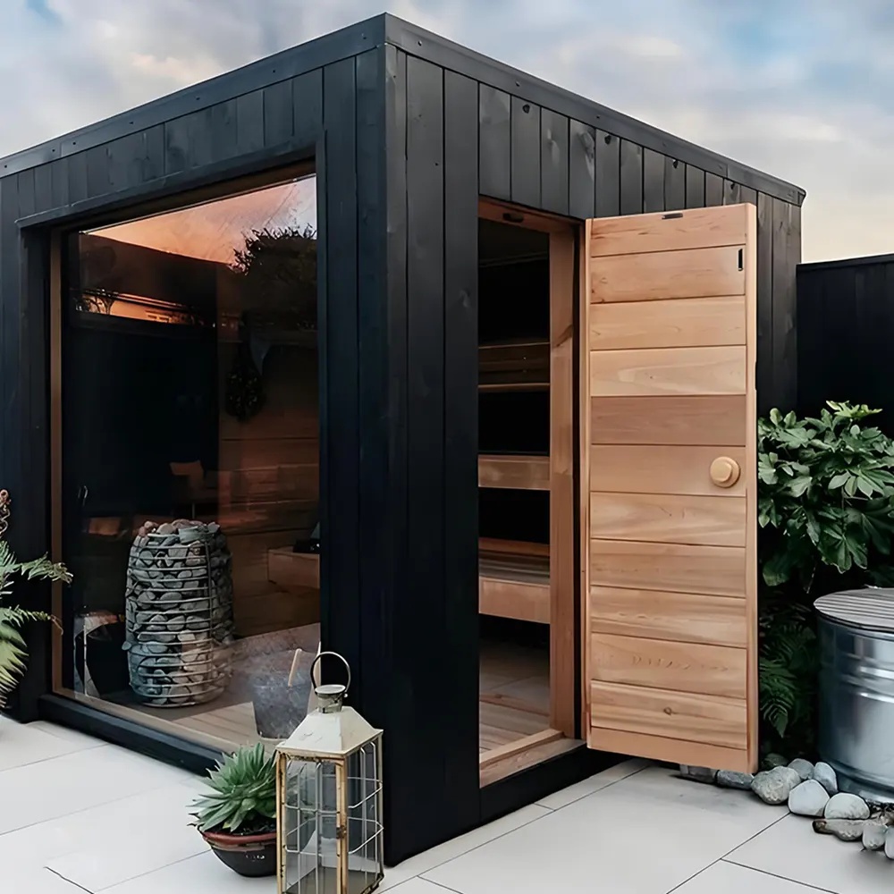 4-6 Person Red Cedar Outdoor Side Glass Dark Exterior Cube Sauna Cabin product image