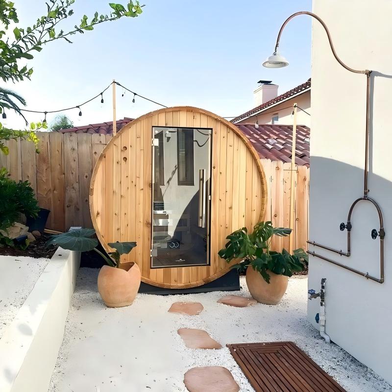 Wood Outdoor Barrel Sauna with Panoramic Glass Door for Garden Use product image