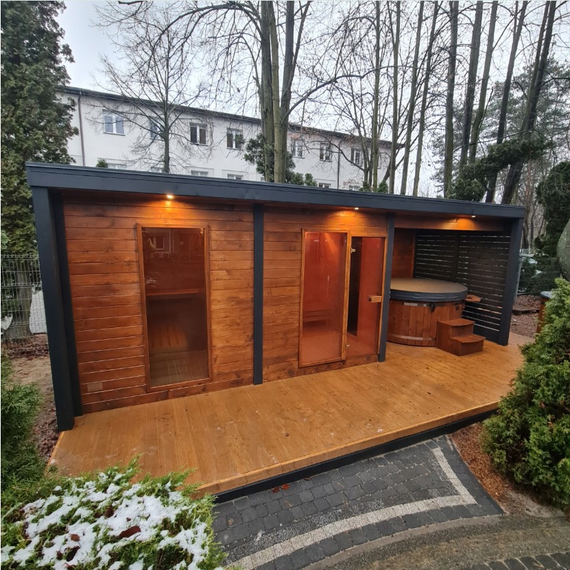 Prefab Sauna Room and Barrel Hot Tub Retreat product image