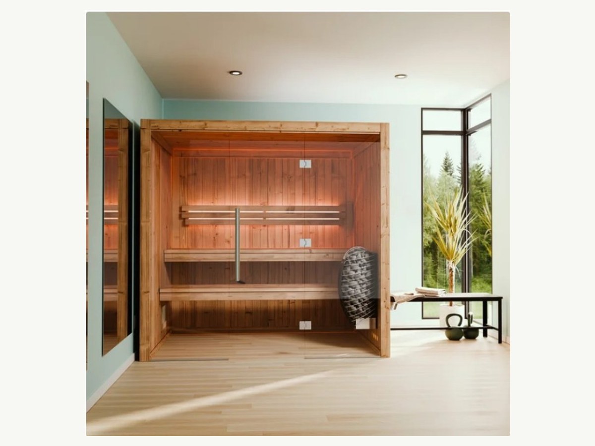 CSauna 4-6 Person Indoor Sauna Cabin with Wall Mounted Stone Heater, Natural Hemlock/Cedar Wood, Tempered Glass Front Sauna Room product image