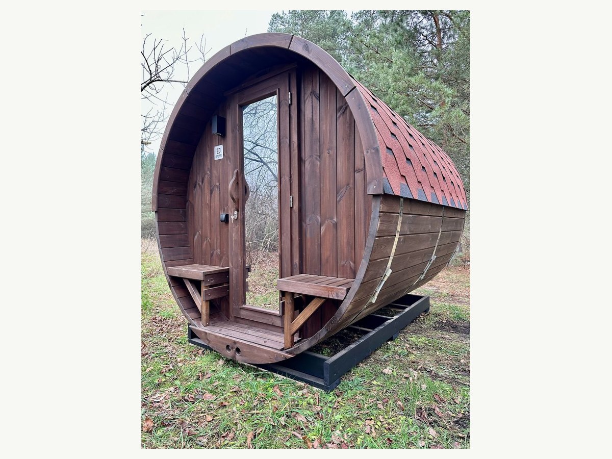 Dark Stained Barrel Sauna with Open Porch, 4-6 | CSA-55 product photo