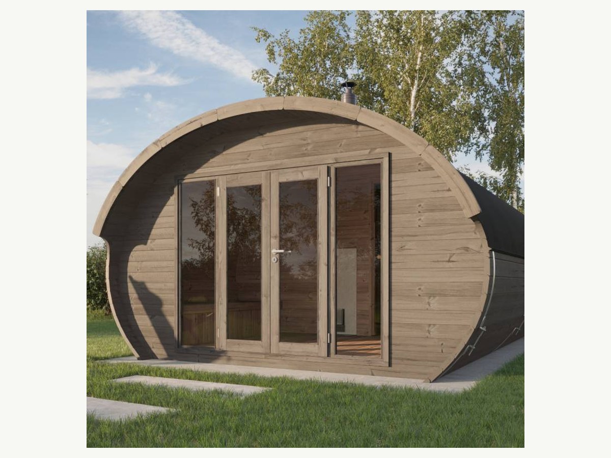 CSauna Weathered Red Cedar Outdoor Barrel Sauna with Full Multi-panel Glass Front Door & Top Chimney for Wood Stove Installation product image
