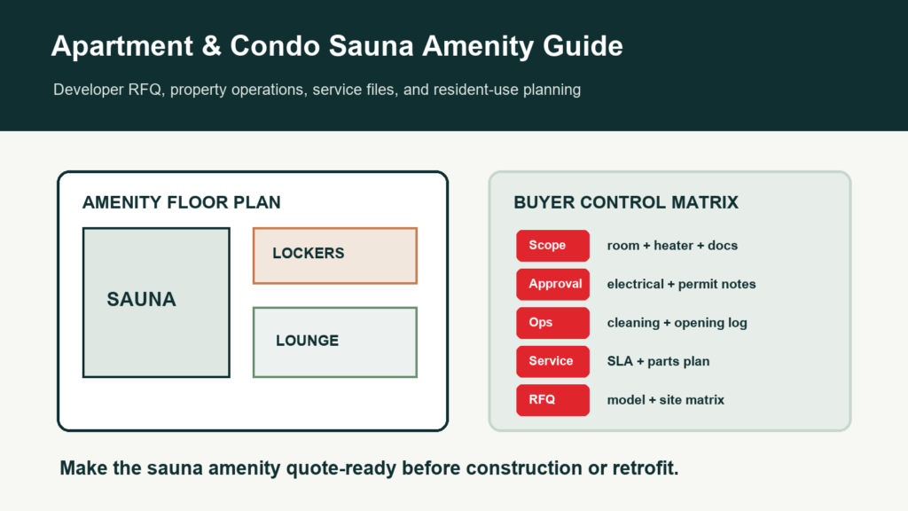 Apartment and condo sauna amenity procurement guide cover with amenity floor plan and buyer control matrix