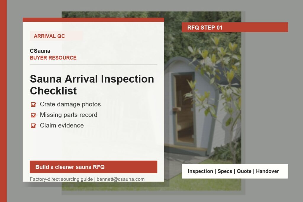 CSauna buyer resource cover for Sauna Arrival Inspection Checklist with sauna RFQ and inspection planning cues