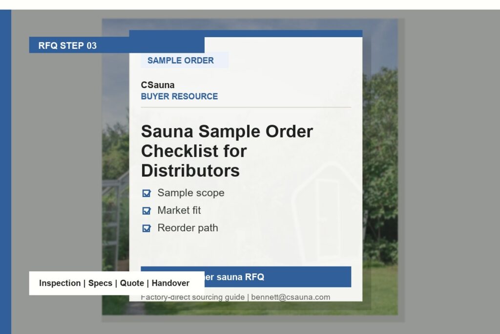 CSauna buyer resource cover for Sauna Sample Order Checklist for Distributors with sauna RFQ and inspection planning cues