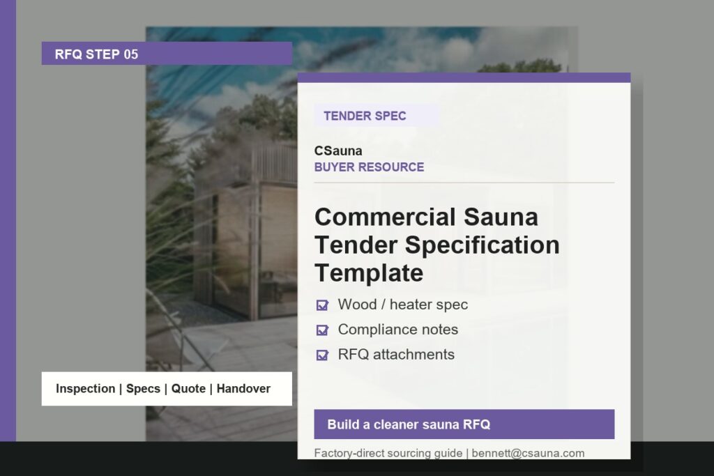CSauna buyer resource cover for Commercial Sauna Tender Specification Template with sauna RFQ and inspection planning cues