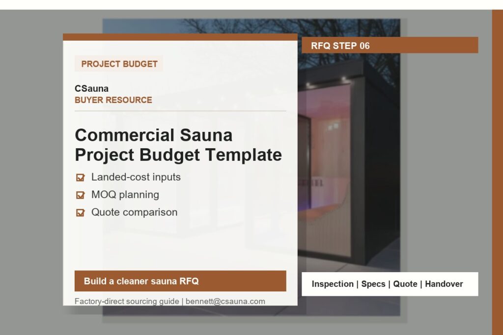CSauna buyer resource cover for Commercial Sauna Project Budget Template with sauna RFQ and inspection planning cues