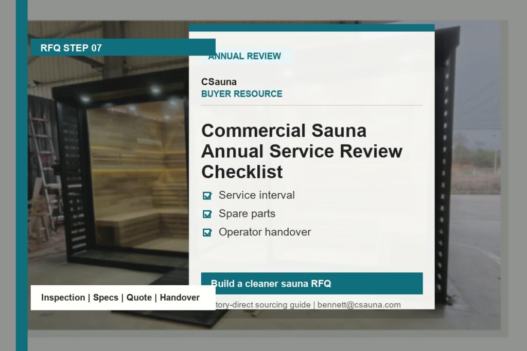 CSauna buyer resource cover for Commercial Sauna Annual Service Review Checklist with sauna RFQ and inspection planning cues