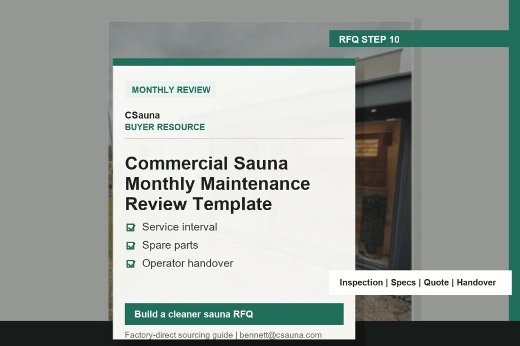 CSauna buyer resource cover for Commercial Sauna Monthly Maintenance Review Template with sauna RFQ and inspection planning cues