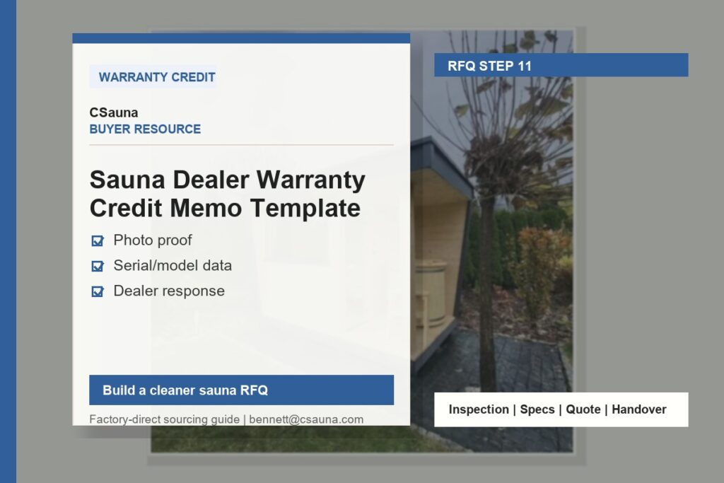 CSauna buyer resource cover for Sauna Dealer Warranty Credit Memo Template with sauna RFQ and inspection planning cues