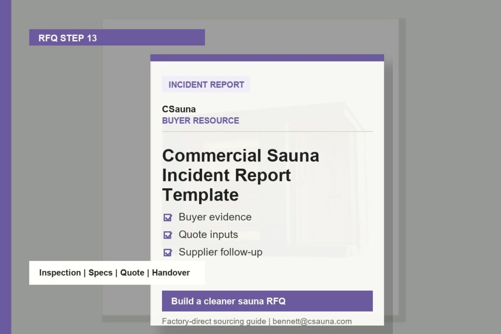 CSauna buyer resource cover for Commercial Sauna Incident Report Template with sauna RFQ and inspection planning cues