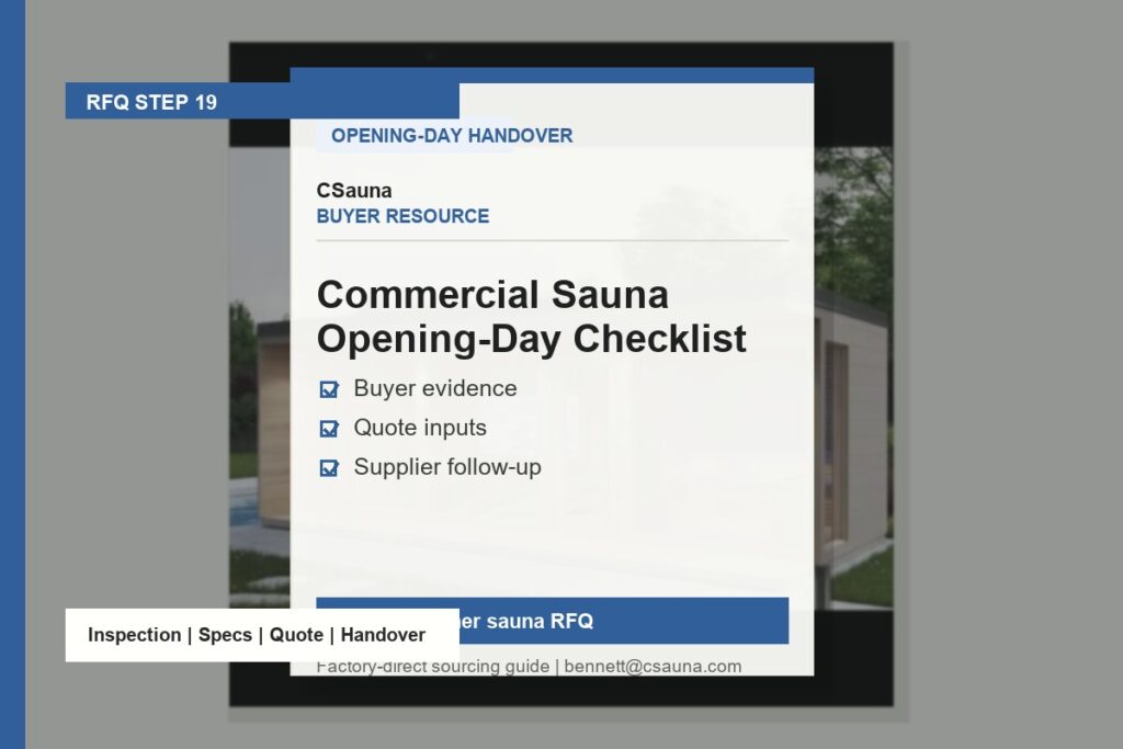 CSauna buyer resource cover for Commercial Sauna Opening-Day Checklist with sauna RFQ and inspection planning cues