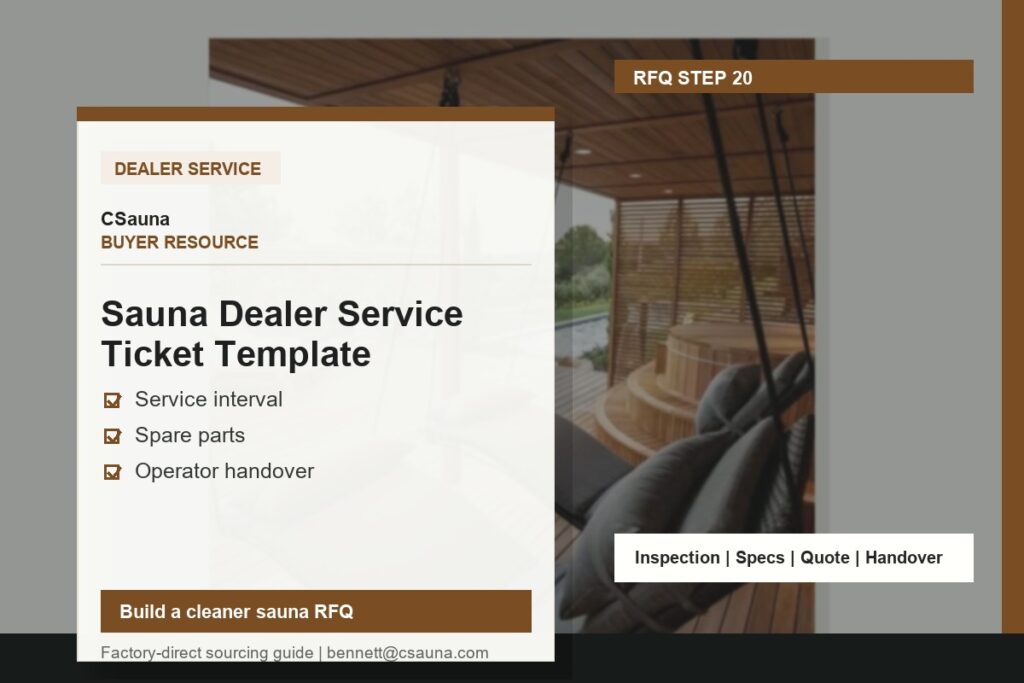 CSauna buyer resource cover for Sauna Dealer Service Ticket Template with sauna RFQ and inspection planning cues