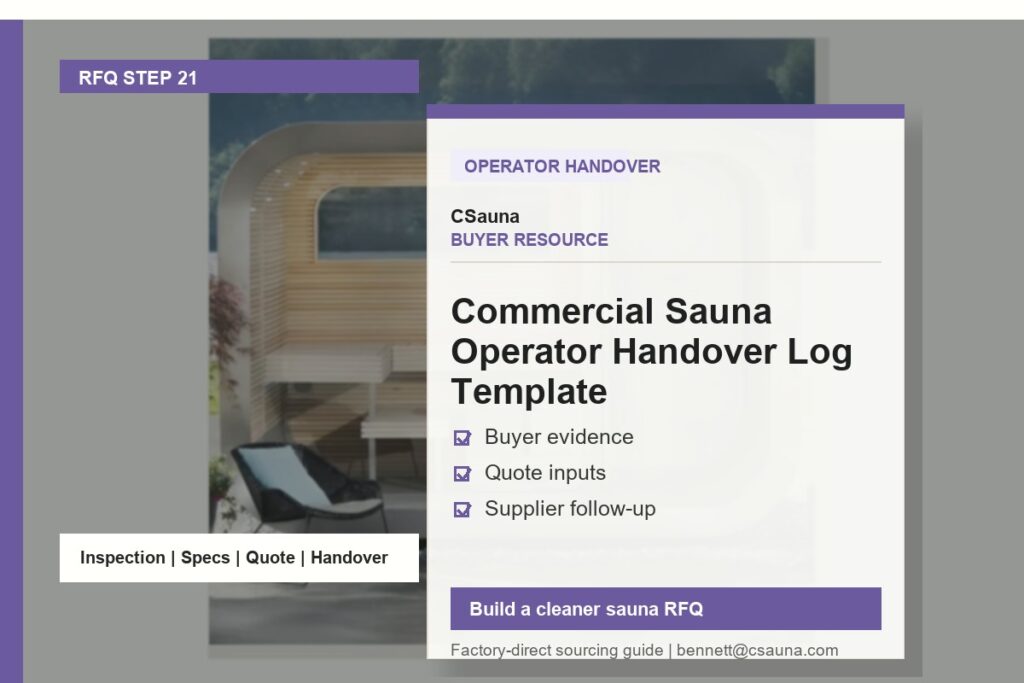 CSauna buyer resource cover for Commercial Sauna Operator Handover Log Template with sauna RFQ and inspection planning cues