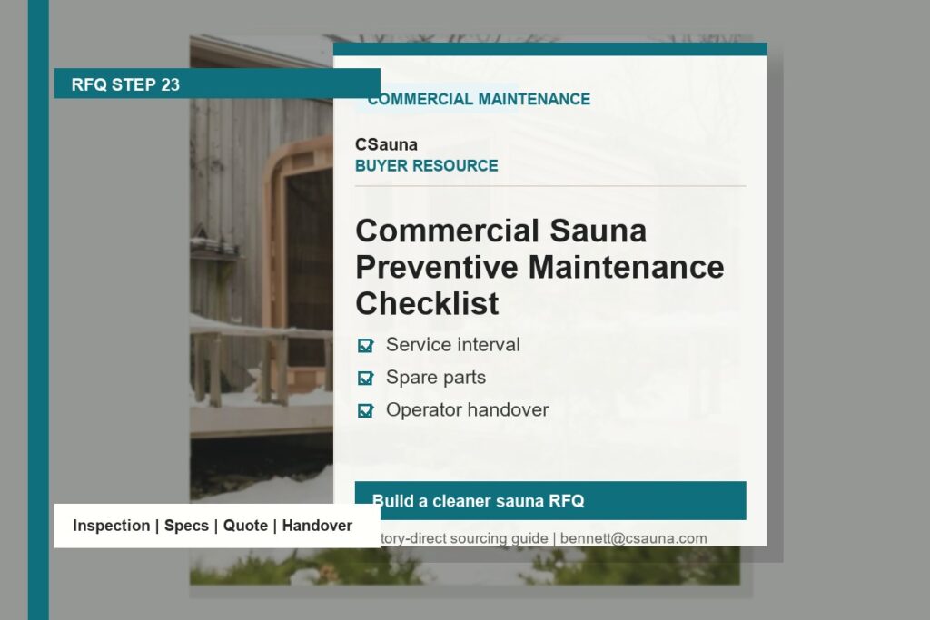 CSauna buyer resource cover for Commercial Sauna Preventive Maintenance Checklist with sauna RFQ and inspection planning cues