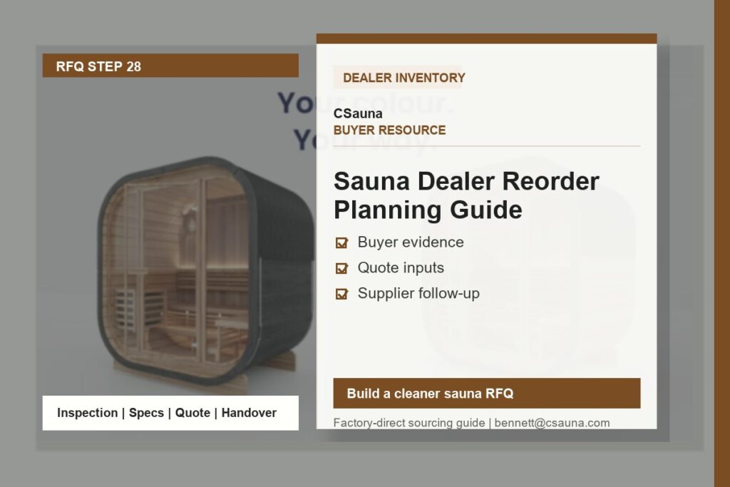 CSauna buyer resource cover for Sauna Dealer Reorder Planning Guide with sauna RFQ and inspection planning cues