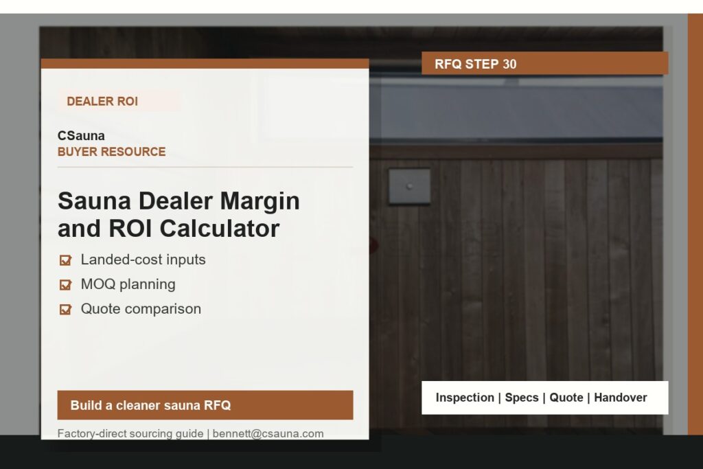 CSauna buyer resource cover for Sauna Dealer Margin and ROI Calculator with sauna RFQ and inspection planning cues