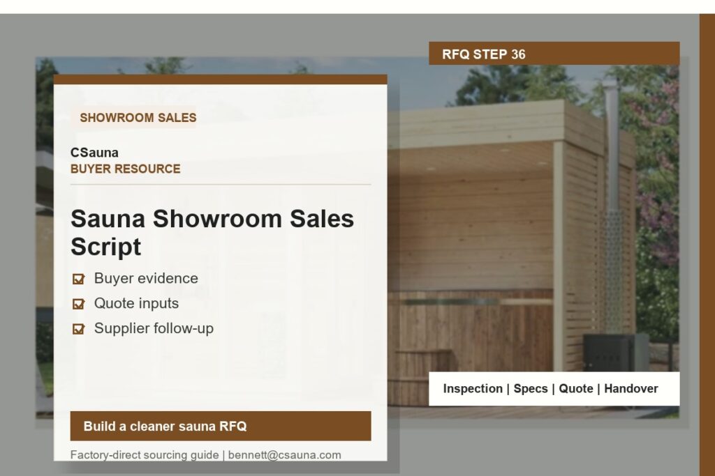 CSauna buyer resource cover for Sauna Showroom Sales Script with sauna RFQ and inspection planning cues