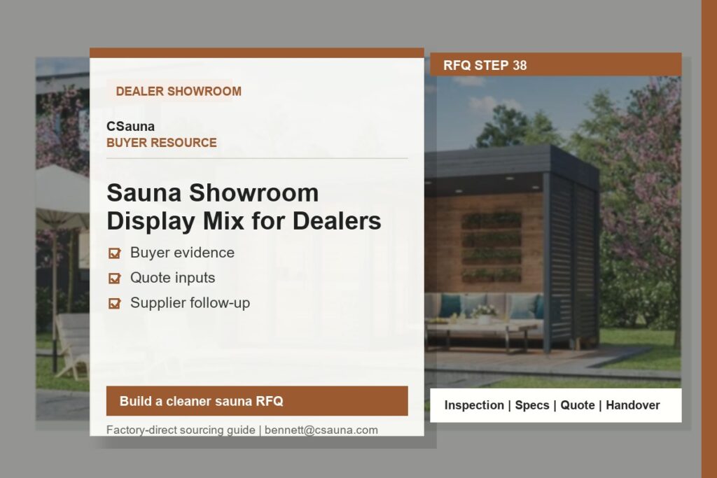 CSauna buyer resource cover for Sauna Showroom Display Mix for Dealers with sauna RFQ and inspection planning cues