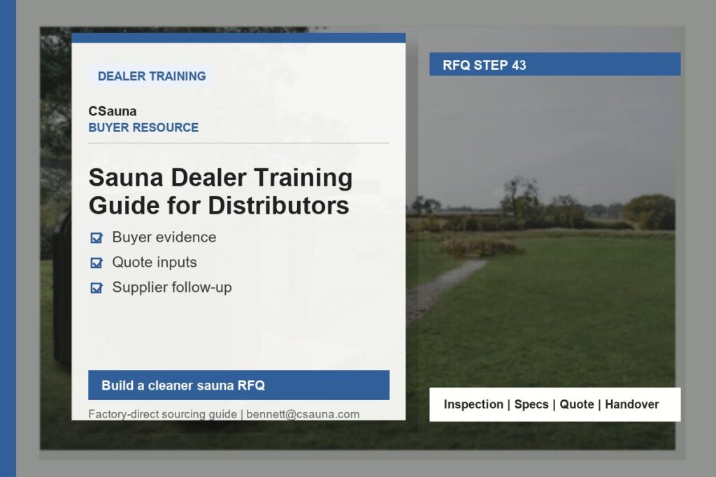 CSauna buyer resource cover for Sauna Dealer Training Guide for Distributors with sauna RFQ and inspection planning cues