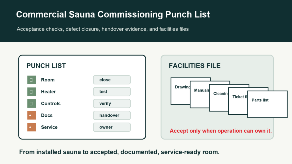 Commercial sauna commissioning punch list guide cover with acceptance checklist and facilities file packet