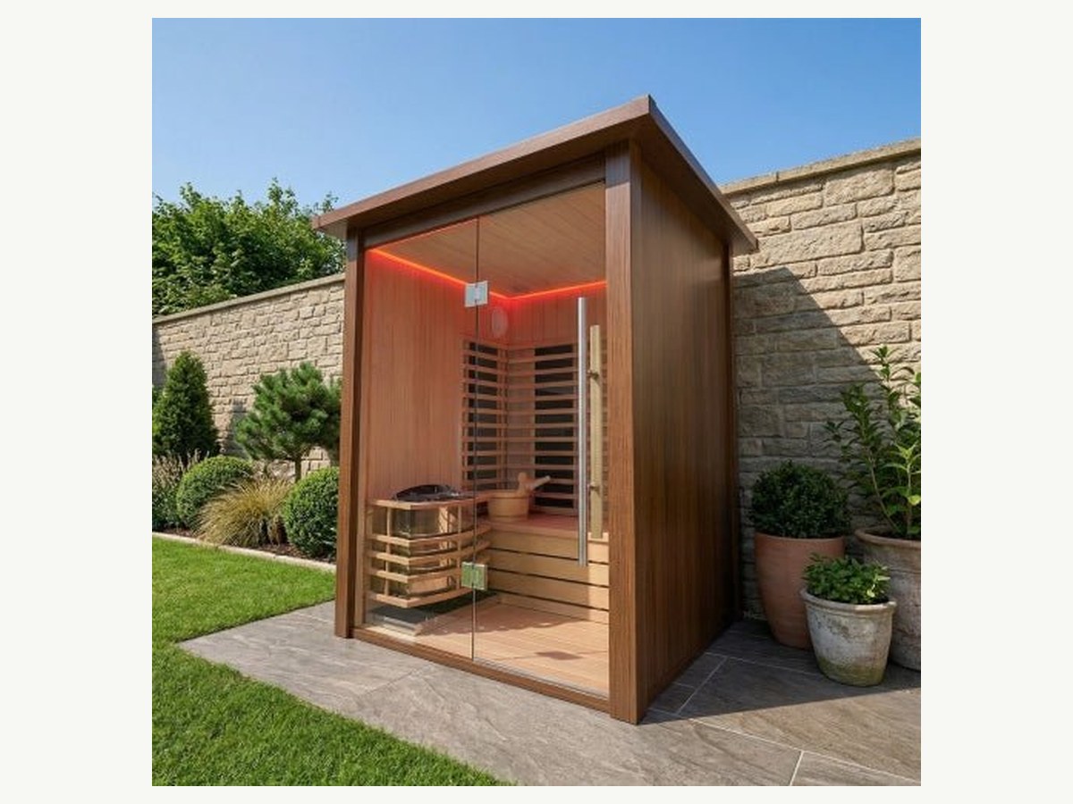 CSauna Modern Cube Outdoor Sauna Cabin, 2-4 Person Red Cedar Sauna Room with Full Glass Front, LED Light Strip & Built-In Stove product image