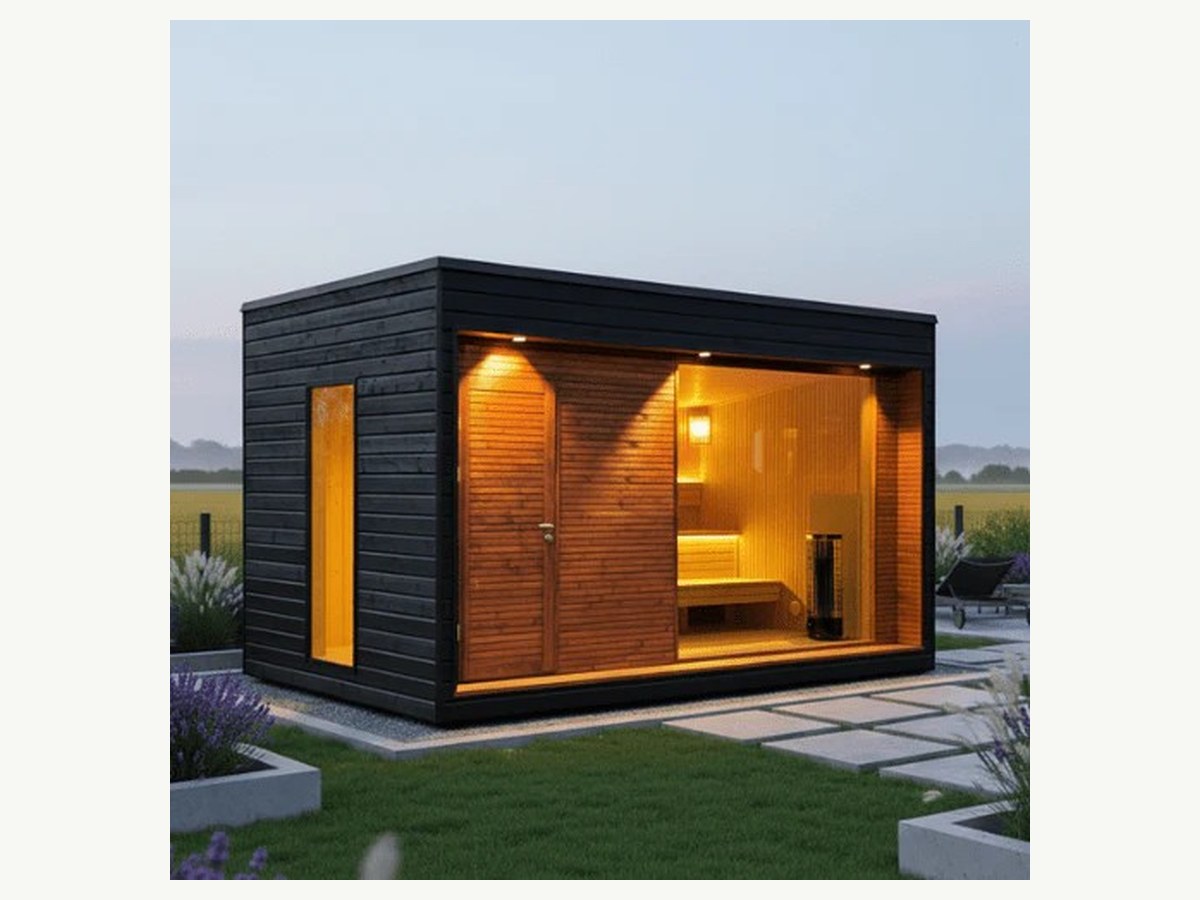 CSauna Modern Outdoor Cube Sauna Cabin, 4-6 Person Black Wooden Sauna Room with Open Terrace & Built-in Heater for Backyard Patio product image