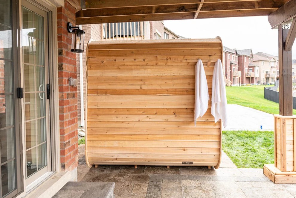 Cedar Outdoor Curved Cabin Sauna with LED Lighting CSA-589 Exterior angle
