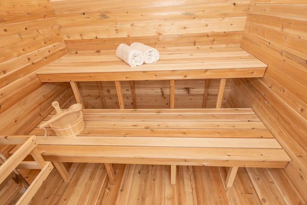 Cedar Outdoor Curved Cabin Sauna with LED Lighting CSA-589 Side profile