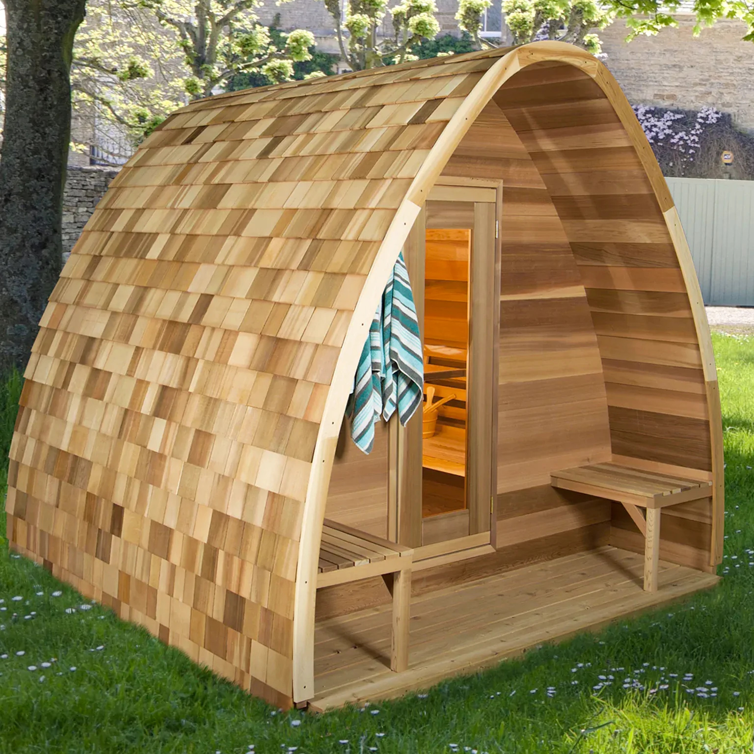 Cedar Curved Cabin Sauna CSA-590 Door and glass