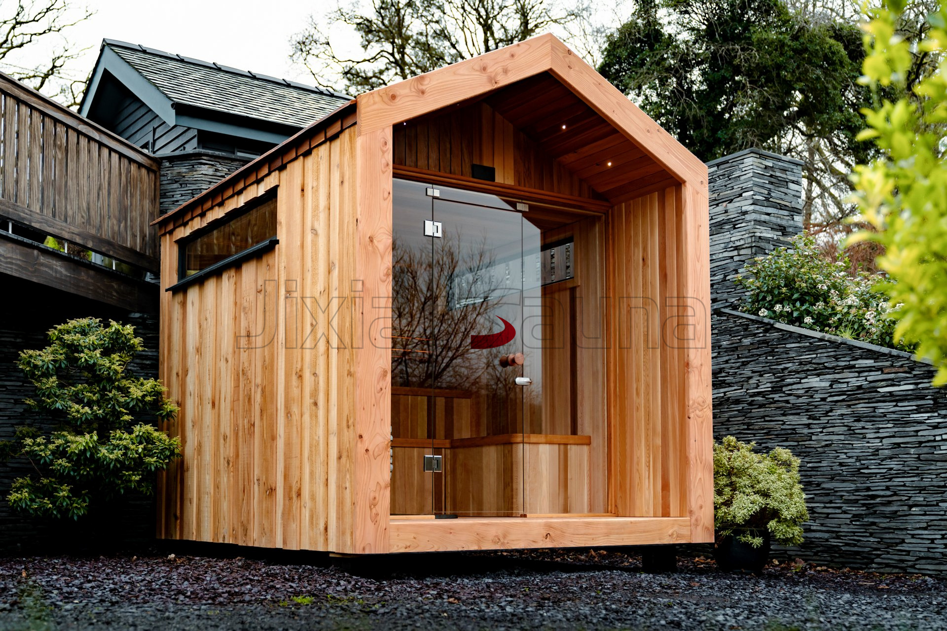 Cedar Steam Room Sauna with Outdoor Garden Layout CSA-591 Exterior angle