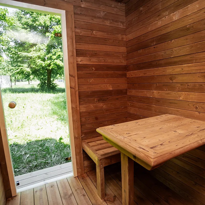 Solid Wood Outdoor Sauna House with Front Porch for Dealer Programs CSA-601 Exterior angle