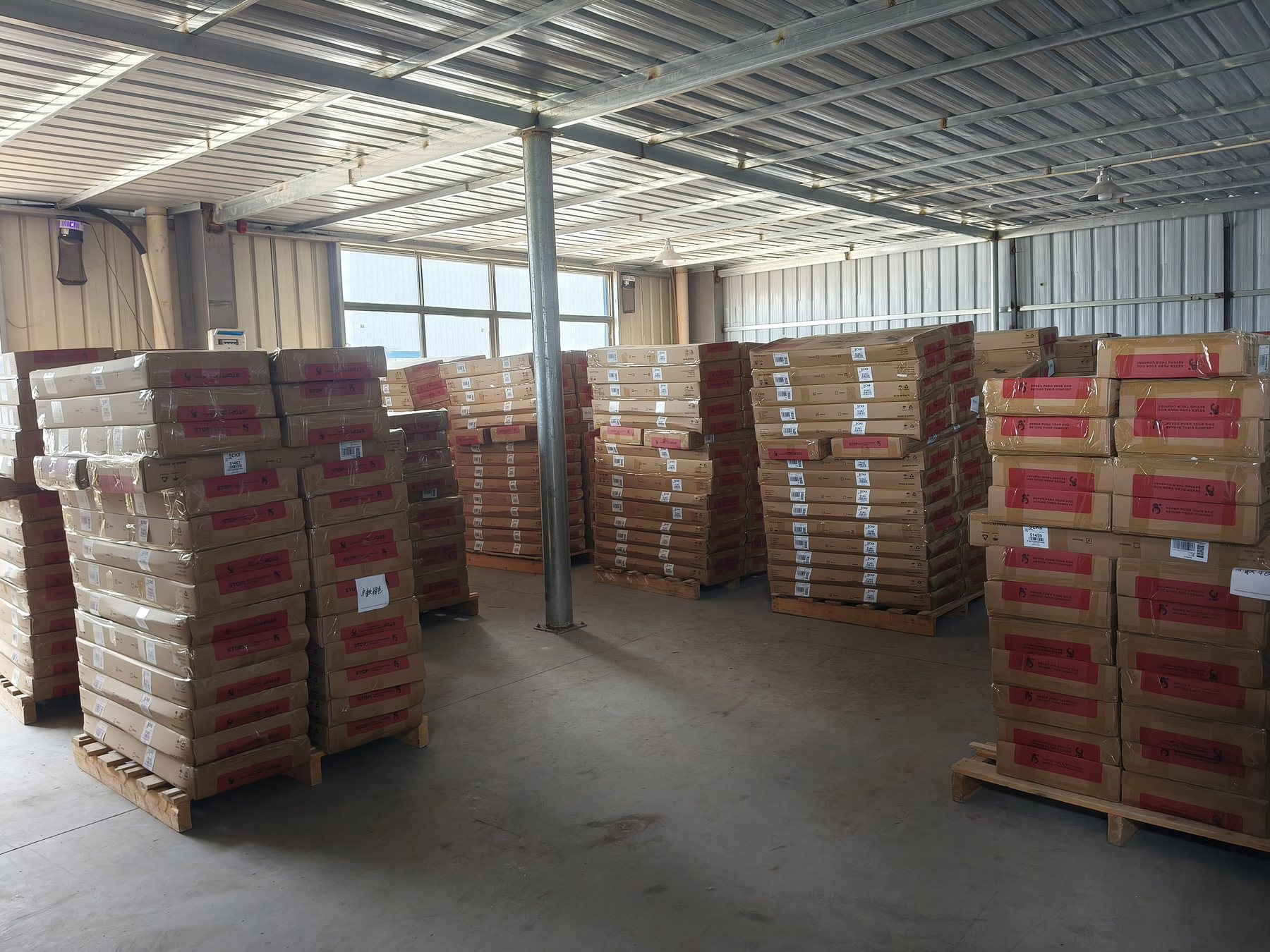 Stacked sauna cartons before shipment