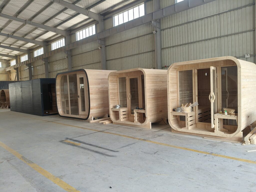 Finished sauna rooms lined up for factory review