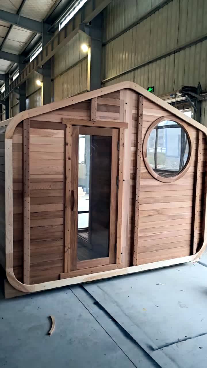 Barrel sauna assembly in workshop
