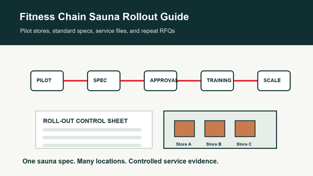 Fitness chain sauna procurement rollout guide cover with pilot, spec, approval, training, and scale steps