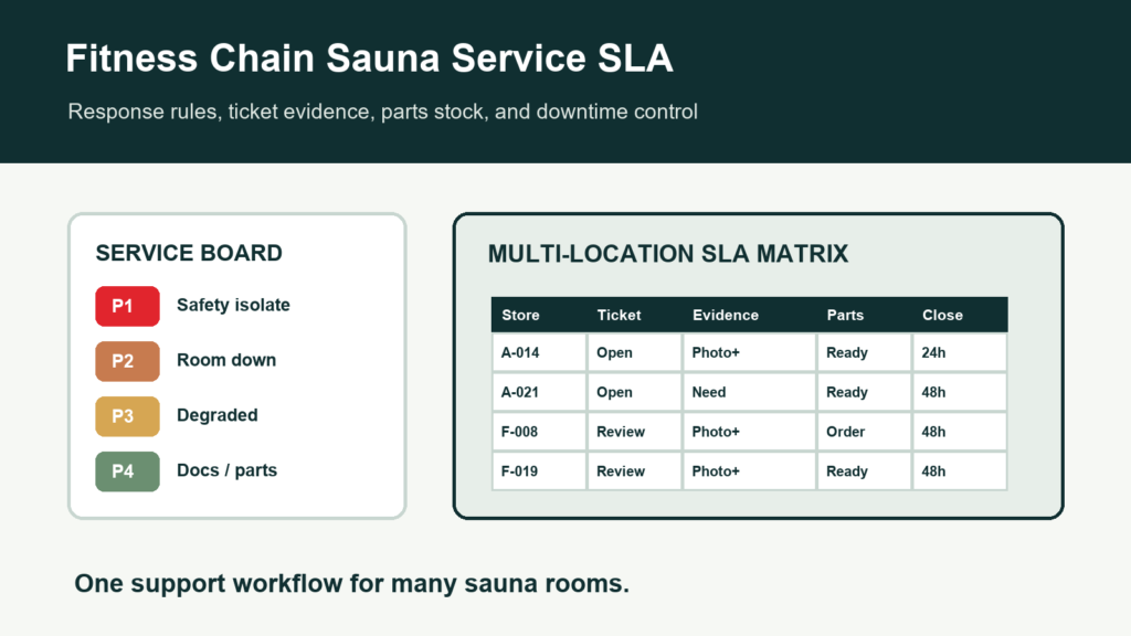 Fitness chain sauna service SLA guide cover with severity levels and multi-location ticket matrix