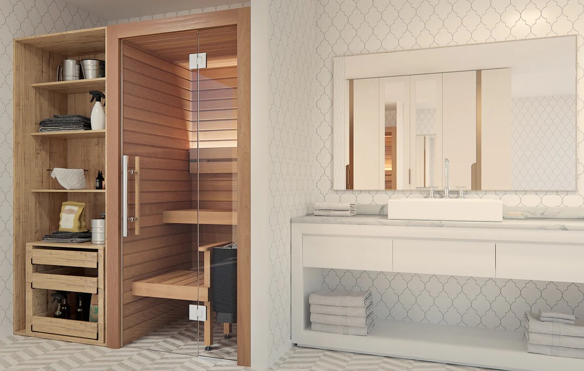 Narrow Indoor Sauna Cabin with Tower Stone Heater and Tiered Seats CSA-560 product view 4