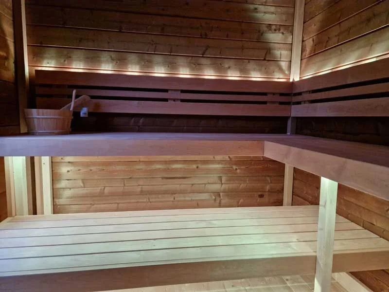 CSA-22 Outdoor Steam Sauna Room with Classic Straight Bench Cabin finish detail