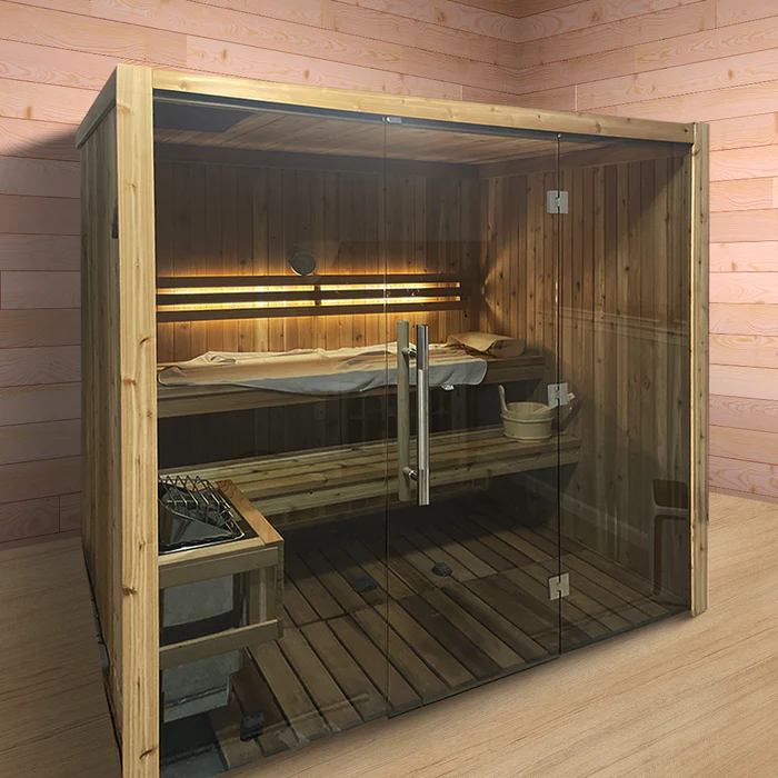 Full-Glass Indoor Sauna Room with Two-Level Dark Bench CSA-339 product view 3