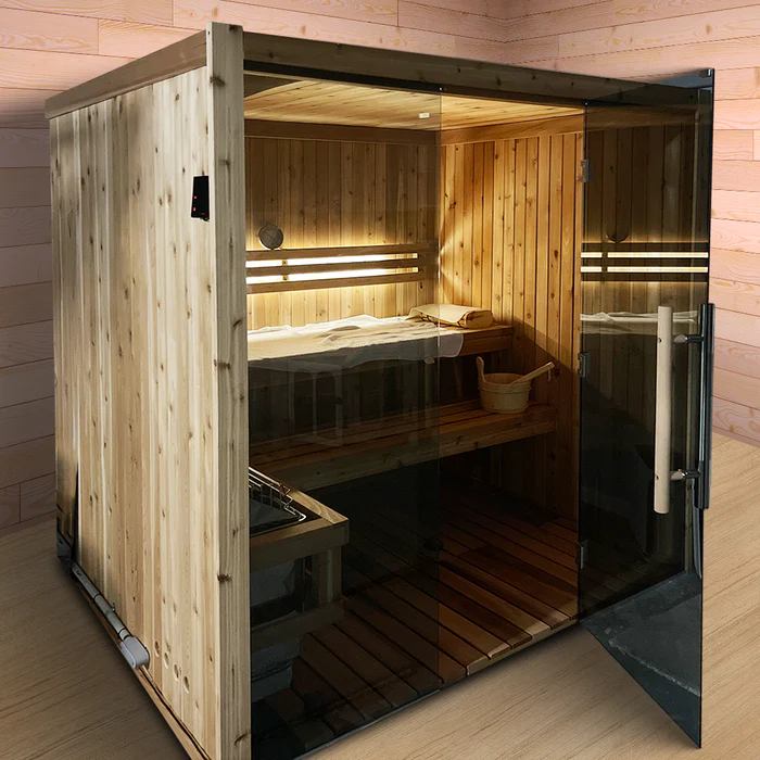 Full-Glass Indoor Sauna Room with Two-Level Dark Bench CSA-339 product view 4