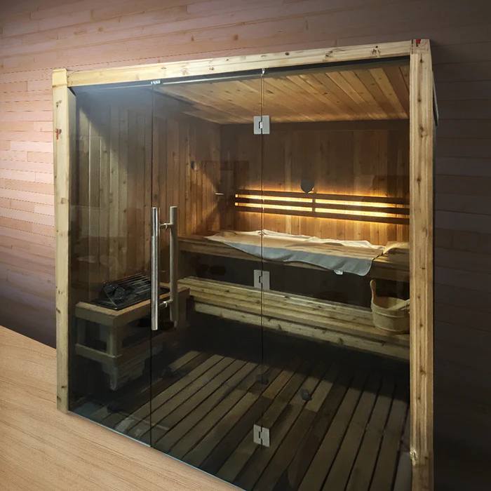 Full-Glass Indoor Sauna Room with Two-Level Dark Bench CSA-339 product view 6