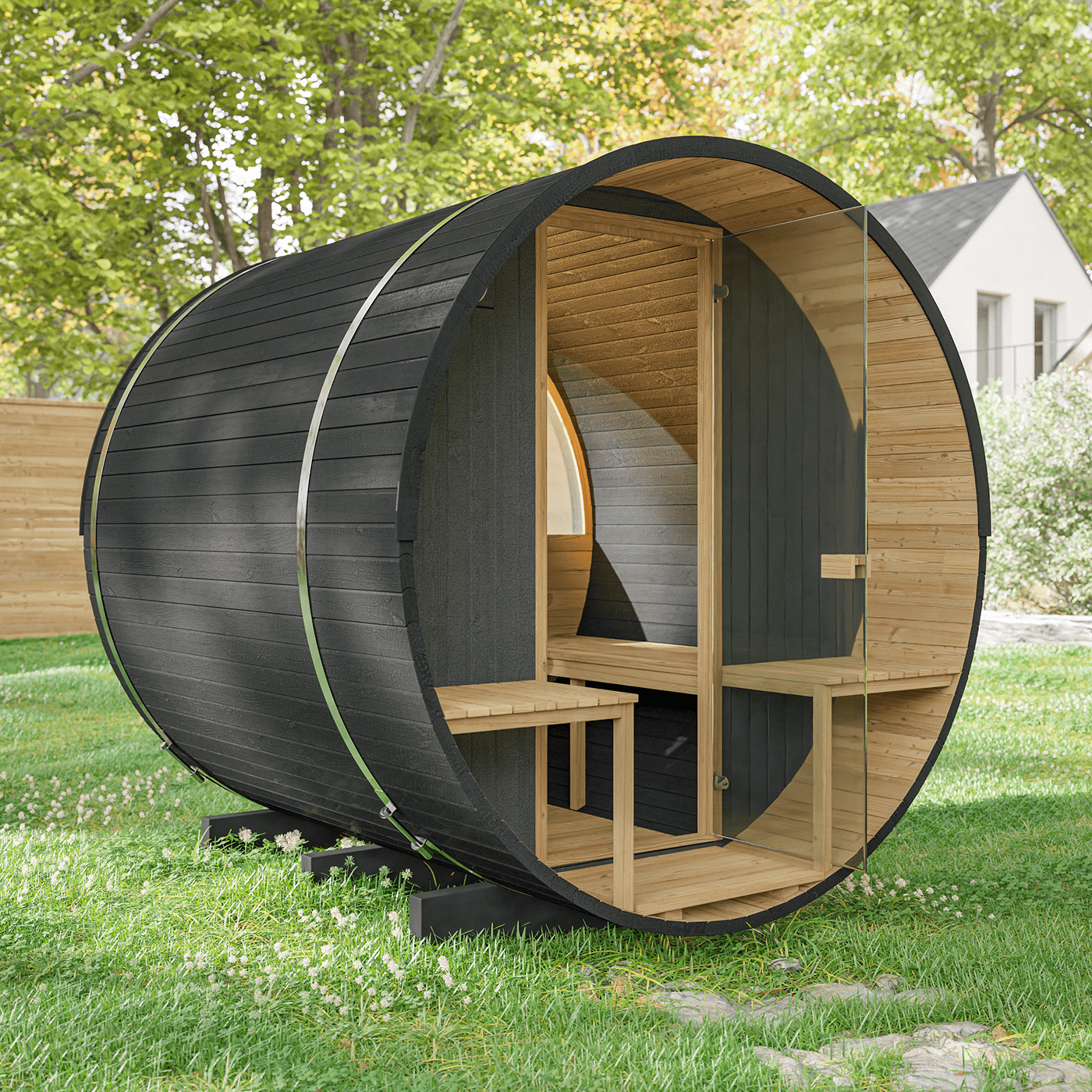 4 Person Cedar Barrel Sauna House CSA-150 Exterior angle