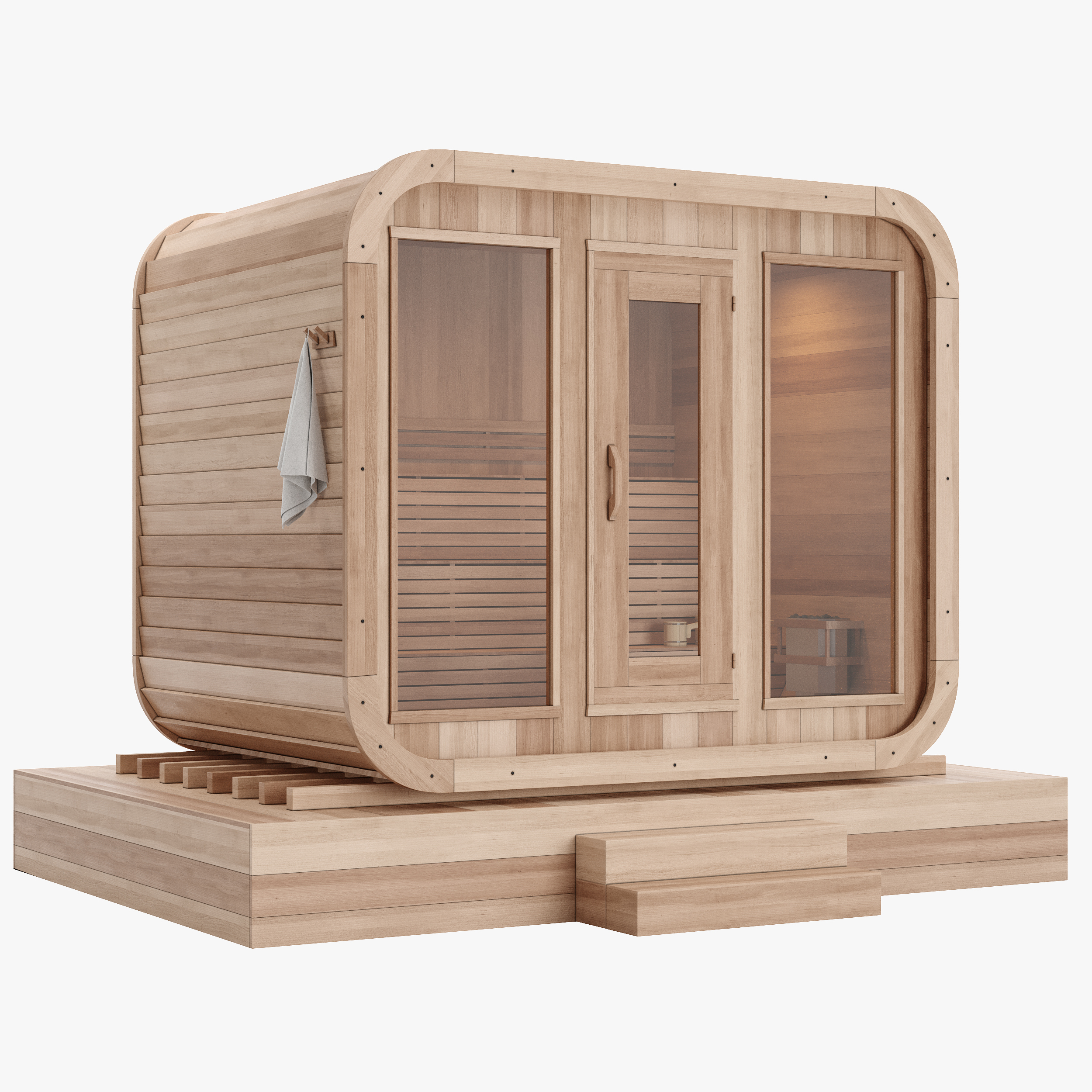 4 Person Garden Corner Large Steam High End Luxury Outdoor Sauna Home Combination Bath Shower Steam Wood Sauna Room Interior detail