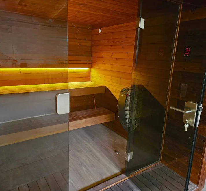 6-Person Solid Pine Outdoor Sauna - Commercial Grade Prefab Sauna Room with Multiple Benches Interior detail