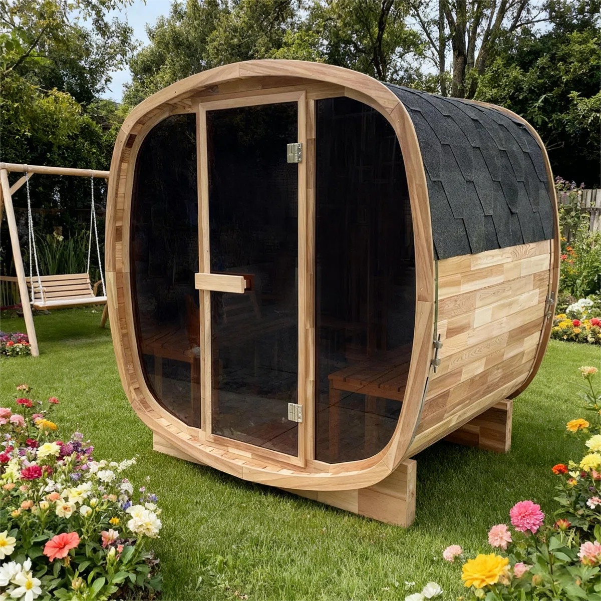 6 Person Resort Sauna Cabin with Large Outdoor Group Layout CSA-407 Exterior angle