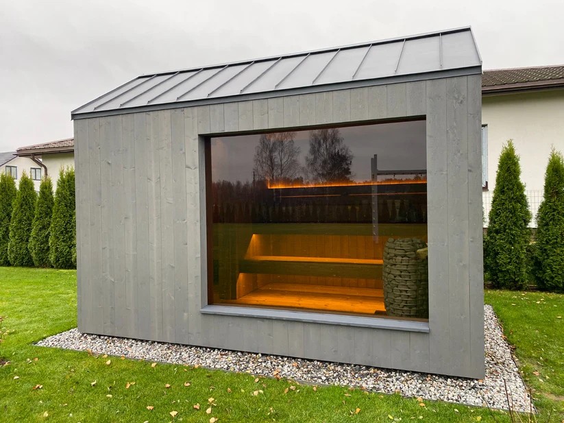 All-In-One Outdoor Wooden Sauna Lodge With Attached Changing Room &amp; Shower Area Door and glass