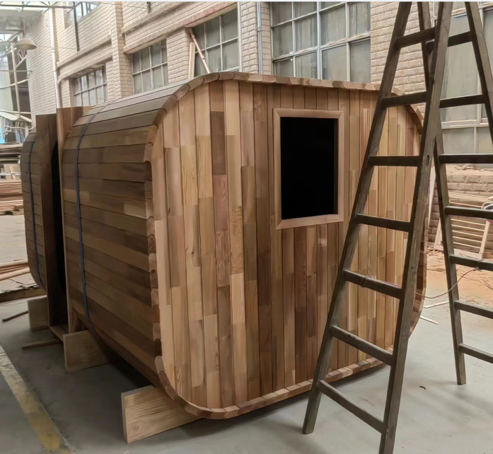 Cedar Barrel Sauna with Curved Roof and Central Glass Entry Door Interior detail